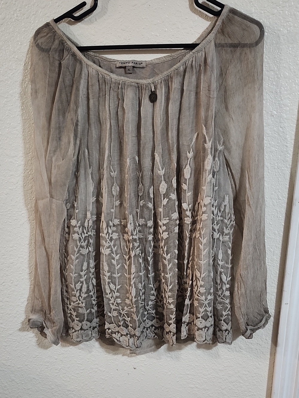 Tempo Paris Taupe Sheer Embroidered Long-Sleeve Blouse